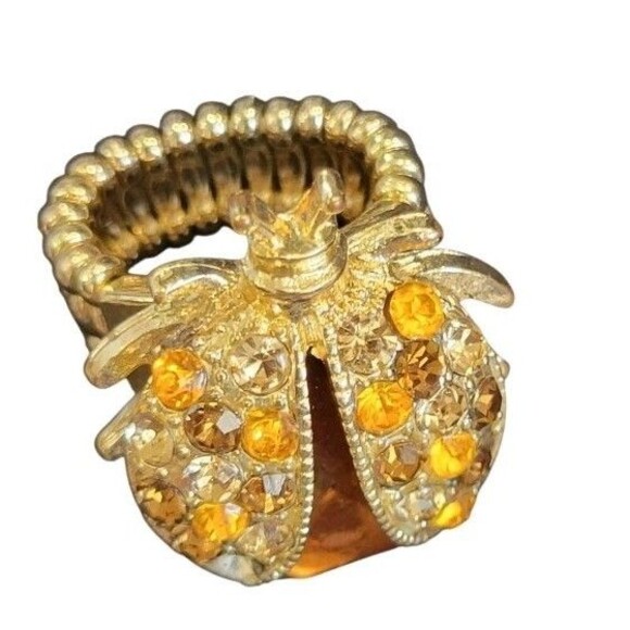 Lady Bug Ring Amber Crystal Gold Statement Stretch Insect Bug Scarab Beetle - Picture 2 of 8